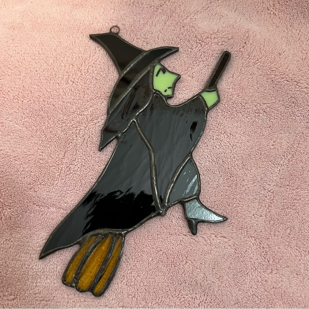 Stained  Glass Sun catcher Witch Running A broom Vintage